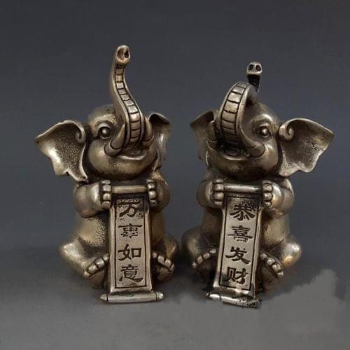 Pair of Chinese Silver Folk FengShui Auspicious Wealth Elephant Animal Sculpture metal handicraft home decoration
