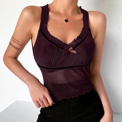 Sexy Tank Patchwork Mesh Sheer Brown Crop Top Womens Vest Sleeveless Fashion Vintage Slim Camisole 2021 Summer Ladies Clothes