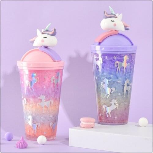 Portable Stylish Double Straw Unicorn Ice Cup Summer Cold Drink Juice Coffee Water Cup Boys Girls Plastic Cups Novelty Gift