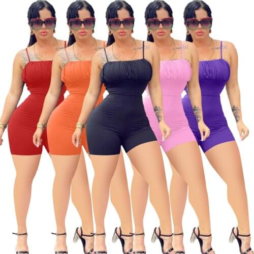 Casual Solid Ruched Fitness Overalls for Women Sexy Spaghetti Strap Backless Bandage Biker Shorts Slim Jumpsuit Women Outfits