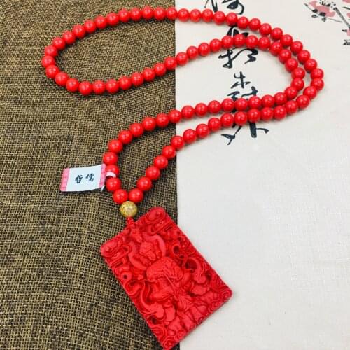 Zheru natural cinnabar carved red god king pendant with a bead necklace exquisite men and women sweater chain