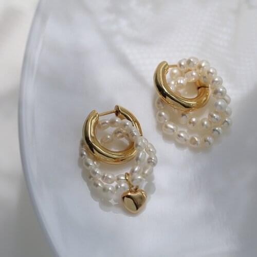 Brass Real Natural Pearl Heart Stud Statement Earrings Punk Party Gown Brincos Runway rare Boucle d'oreille Korean Style
