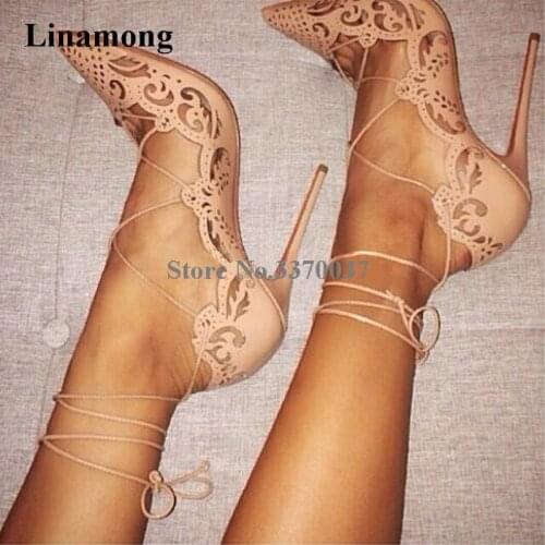 Brand Fashion Women Pointed Toe Gold Carved Thin Heel Pumps Lace-up Red White High Heels Formal Dress Shoes