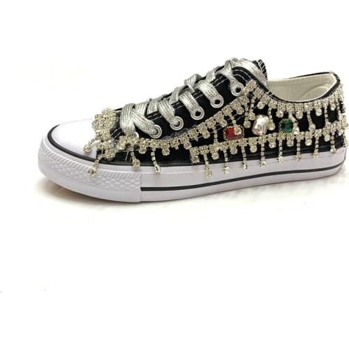 Spring Autumn 2021 Women Canvas Shoes Metal Rhinestone Chain Girl Students' All-match Lace-up Tassel Flat Casual Shoes 35-40