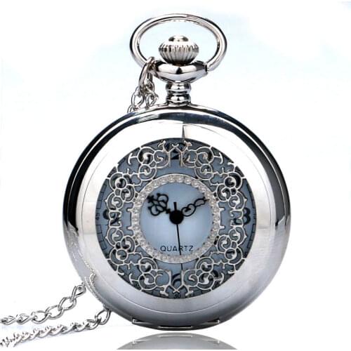 Vintage Pendant Hollow Exquisite Grilles Elegant Retro Gift Men Women Pocket Watch with Silver Quartz Necklace Chain Pocketwatch