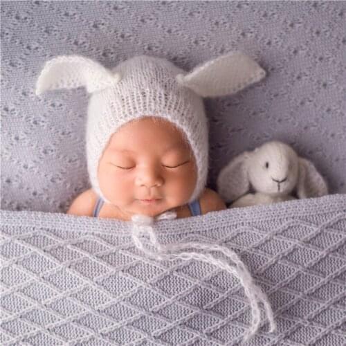 Knitted Mini Newborn Toys Crochet Bunny Hat Toy Set Ivory Newborn Stuffed Toy Baby Photography Bonnet Animal Pattern Rabbit Hat