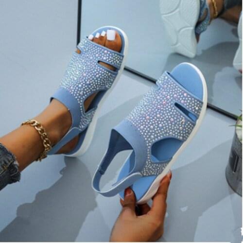 2021 New Summer Women Sandals Sexy Shoes Crystal Casual Woman Flats Buckle Strap Ladies Fashion Beach Shoe Big size 36-43
