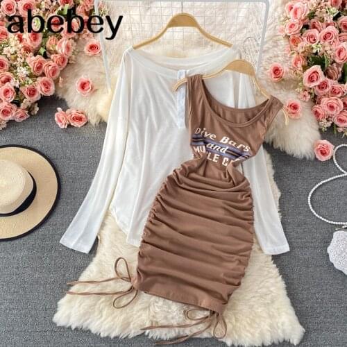2021 New Spring Autumn Fashion O-neck long sleeve Pullover + letter print high waist pleated short strap Dress two piece set