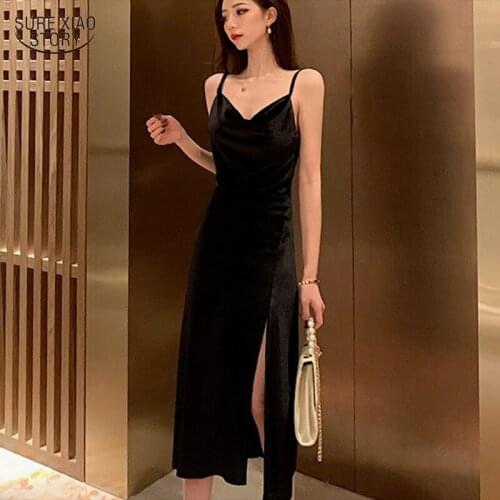 A Line V-Neck High Waist Midi Sling Dress Women Backless Black Split Sexy Dress Women Evening Party Velvet Dresses Vestido 15150