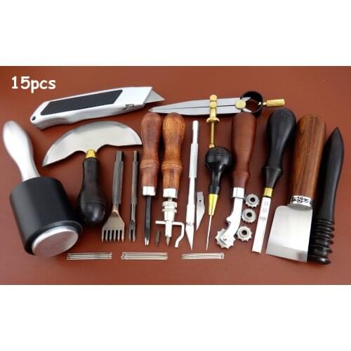 15pcs Leather Craft Edger Beveler Skiver Slicker Burnisher Groover Awl Chisel Tool Set - Sewing Stitching Carving Stamping Knife