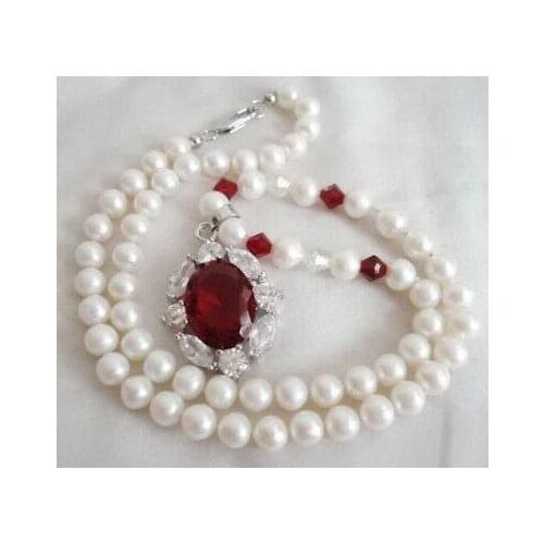 7-8mm Real White Pearl Red Cubic Zirconia Crystal Pendant Necklace