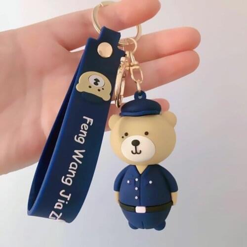 Cute Police Little Bear Doll Keychain Personality Backpack Pendant Car Keys Decoration Accessories 2021 Trend Keyring Gift