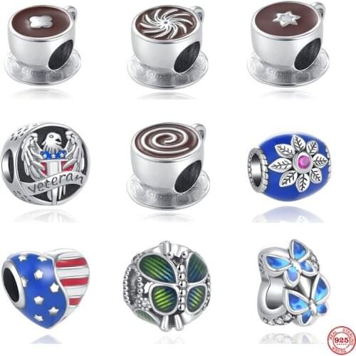 New DIY Beads 925 Sterling Silver Clover Star Coffee Cup Butterfly Charms fit Pandora Original Bracelet Accessories European
