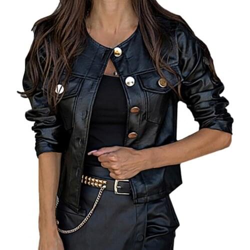 Black Women Jacket Faux Leather Buttons Closure O-Neck Solid Color Slim Motorcycle Short Jacket Outerwear Female casaco feminino