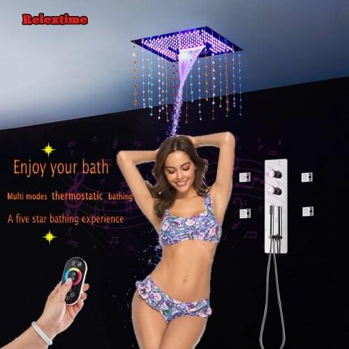Crystal Quartz Bluetooth Music LED Rain Shower Head Bathroom Shower Set Faucet Thermostatic Concealed Mixer Shower Massage Jets
