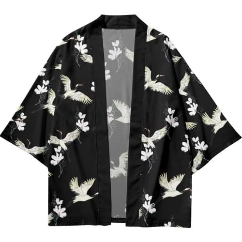 Floral Crane Printed Kimono Cardigan Men Japanese Traditional Casual Loose Thin Set Coat Pants Asian Clothes Harajuku