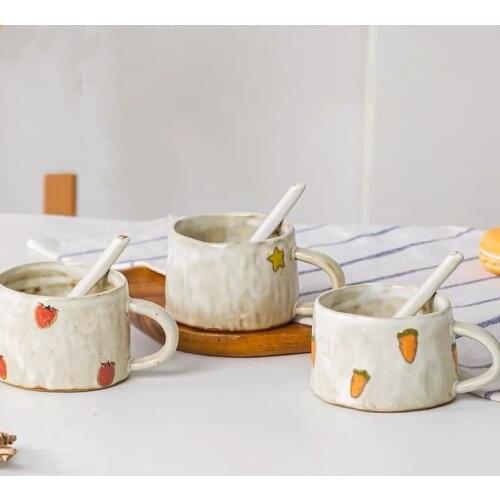 Coffee Cup Ceramic Cute Japanese Mug Handmade Stoneware Spoon Home Creative Breakfast Milk Hheat-Resistant Multi-Purpose Cups