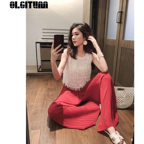 OLGITUM Summer 2020 New Style Gas Suit Female Tassel Chiffon Camisole With Wide Leg Pants Draped Pleated Two-piece Suit WS176