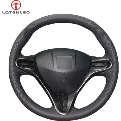 LQTENLEO Black Genuine Leather Car Steering Wheel Cover for Honda Civic Civic 8 2006-20011 (3-Spoke)