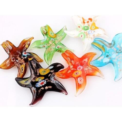 QianBei Fashion Wholesale 6pcs Handmade Murano Lampwork Glass Mix Color Flower Starfish Pendants Fit Necklace