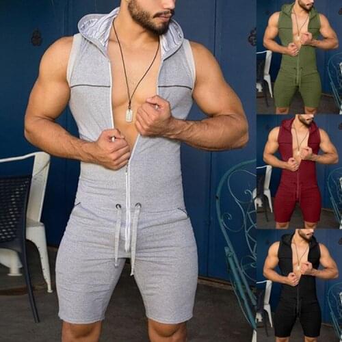 Mens Overalls Jumpsuit Men Tight Fitness Sport Romper Jumpsuit Zipper Sleeveless Hooded Rompers Pants Outfits Playsuit Jogger