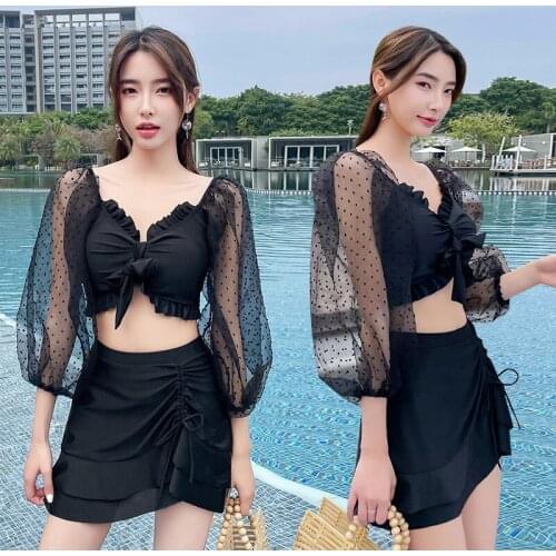2021 New Korean Long Sleeve Bikini Set Swimsuit Women Sexy Push Up High Cut Up Halter Two Piece Swimsuit Bikini Swimskirt