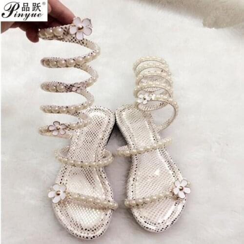 New Arrive Snake Women Summer Shoes women sandals Pearl Flowers Around Women Gladiator Sandal women Boots 34--40