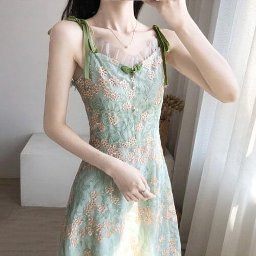 New Womens Suspender Floral Dress 2021 Summer Korean Fashion Lace Collar Temperament Chiffon Dress Female French Vestidos aq429