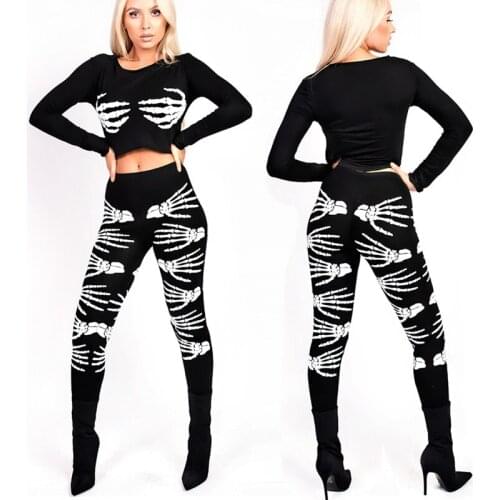 Autumn Black Sexy Skeleton Print Two Piece Set for Adult Women Carnival Halloween Party Scary Cosplay Skeleton Ghost Costume