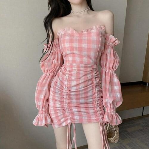 Women Dresses Pink Sexy Off Shoulder Long Puff Sleeve Plaid Strapless Dress for Women Girls Side Drawstring Bodycon Mini Dress
