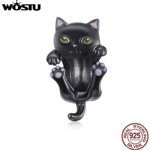 WOSTU 100% 925 Sterling Silver Cartoon Cat Bead Cute Animal Charm Pendant Fit Original Bracelet Necklace DIY Jewelry CTC404