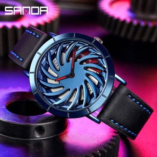 Sanda Cool Rotating Male Watch Youth Leather Strap Car Wheel Ddial Watches Men New Fashion Creative Hollow Quartz Clock Wholesal