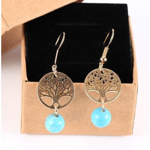 Reiki Tree Of life Drop Earrings 8mm Natural Stone Turquoises Crystal Beads Stud Earrings For Women Girls Dangle Earring Jewelry