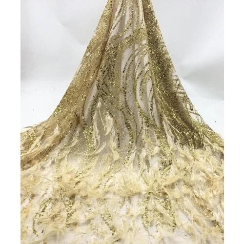 Special L-1166811 glued glitter african Tulle lace fabric french net lace fabric with feather
