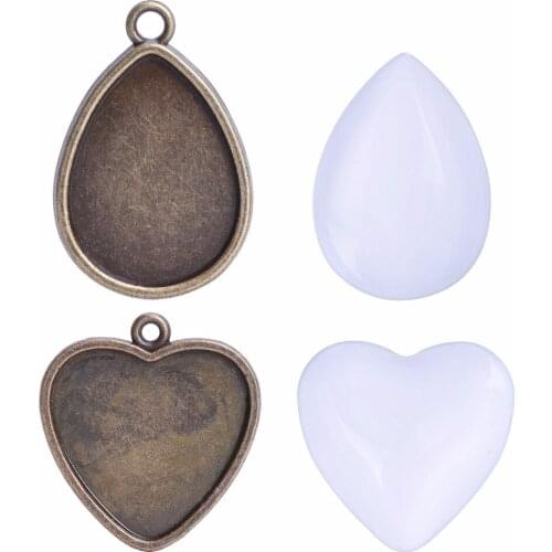 30pcs Water Drop Heart Shape Glass Dome Cabochons with Pendant Bezel Trays