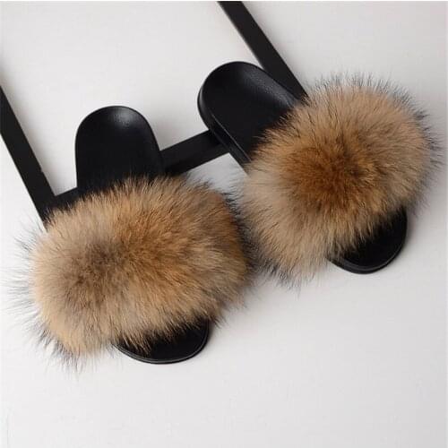 Womens Winter Fox Fur Slippers Cute Plush Home Shoes Woman Fur Slides Female Fluffy Furry sandals Fur Flip Flops Big Size 36-45