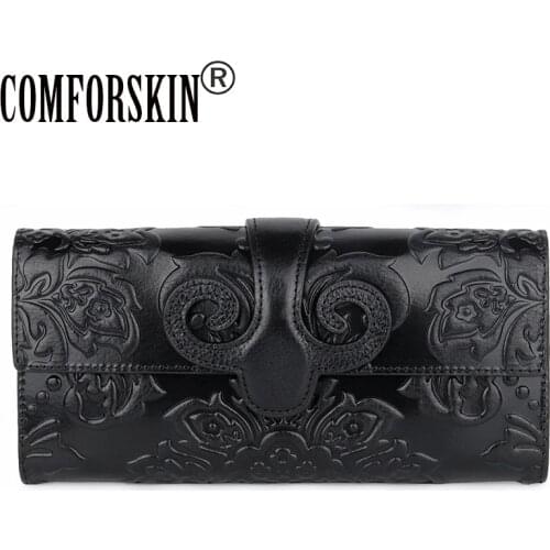 COMFORSKIN Cowhide Leather Retro Unique Embossed Floral Woman Purse Famous Brand Long Cover Style Large Capacity Women Wallets