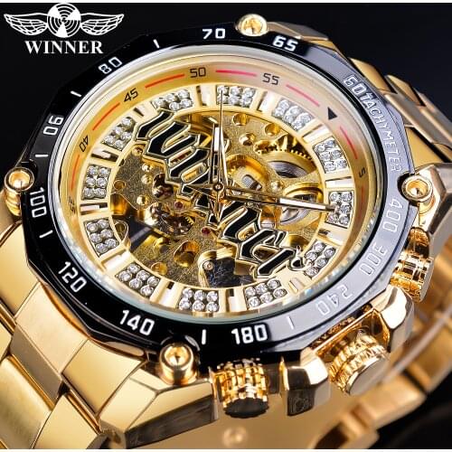 Winner Golden Stainless Steel Mens Diamond Display Luxury Brand Mechanical Watch Skeleton Top Brand Luxury Automatic Male Clock