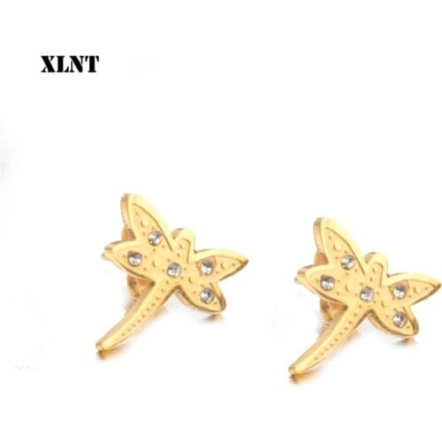 XLNT Stainless Steel Stud Earring For Women Crystal Dragonfly Gold Color Lovers Engagement Jewelry Drop Shipping