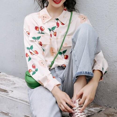Luck A Vintage Shirt Cute Korean Style Fashion Fruit Print Women Blusas Long Sleeve Tops Autumn Loose Button Casual Loose Shirt