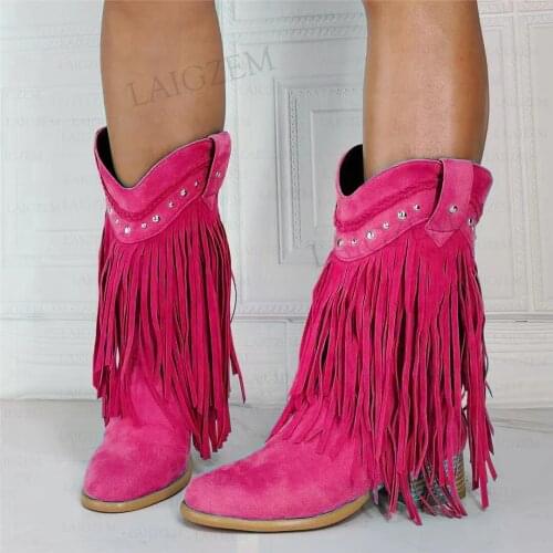 SEIIHEM Women Calf Boots Low Block Heels Round Toe Fringe Boots Faux Suede Ladies Shoes Woman Zapatos Mujer Big Size 41 44 47
