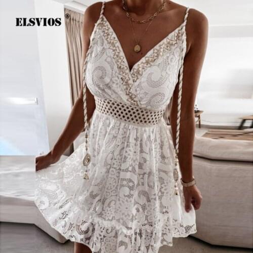 New Fashion Lace Hollow Out Patchwork Solid Dress Sexy V Neck Spaghetti Strap A-line Dress Ladies Elegant Party Dresses Vestidos