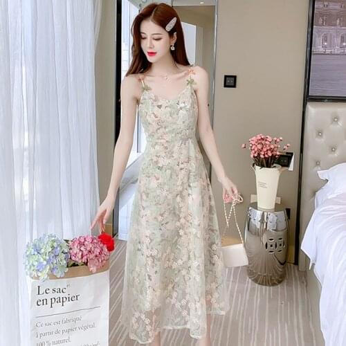 Summer Floral Dress Female Elegant Vintage Dress Casual Slim Fit Embroidered Mesh Korean Sweet Long Dresses for Women 2021 Y842