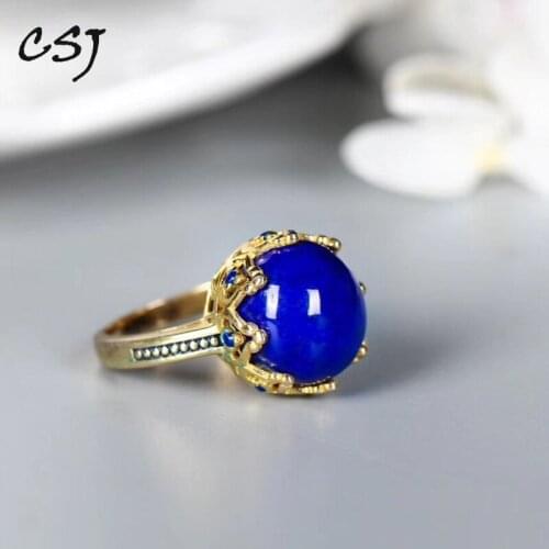CSJ vintage natural Lapis lazuli Rings Sterling 925 Silver fine jewelry Wedding Party for Women Lady Girl Gift box