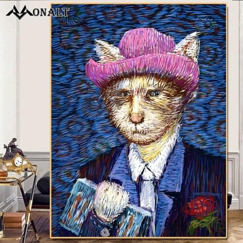 Graffiti Art Cat Van Goghs Self-portrait Straw Hat The Starry Night Abstract Oil Painting Canvas Art Bedroom Posters and Prints