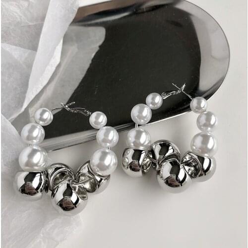 GSOLD Fashion Geometric Metal Beaded Imitation Pearl Hoop Earrings Simple Temperament Ear Buckle Jewelry Accessories For Women