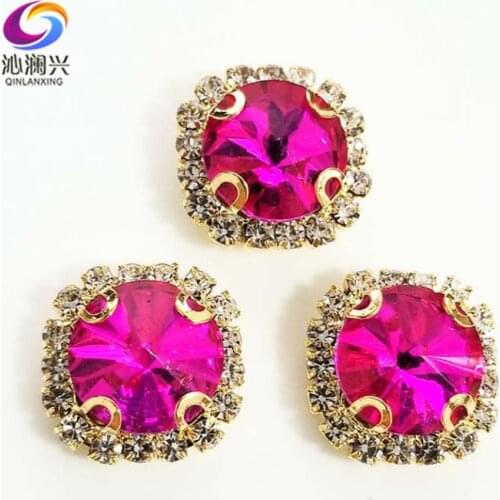 Rose red Round shape top glass crystal rhinestones with hole,golden bottom sew on stone for Diy Clothing accessories