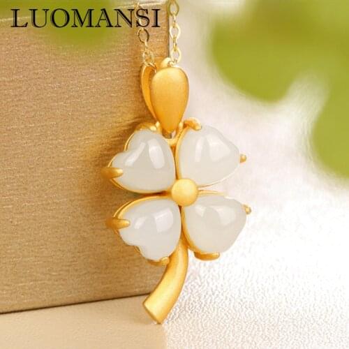 Luomansi S925 Sterling Silver Natural Hetian Jade Pendant Necklace Woman Jewelry Four Leaf Clover Necklace Party Gifts Fine