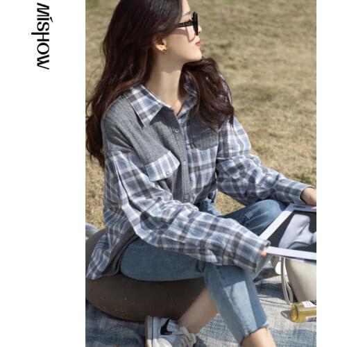 MISHOW 2021 Spring Shirts For Wmen Casual Loose Plaid Tops Irregular Lazy Style Long Sleeve Female Clothing MX21A4414