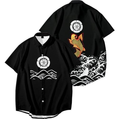 Cross-border New Stand Collar Ukiyo-e Carp Element Digital Printing Mens Printing Casual Loose Thin Short Sleeve Shirt